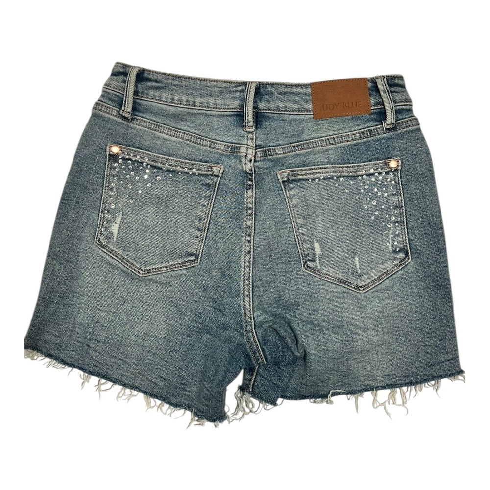 Judy Blue‎ Rhinestone Denim Shorts Size 28 Distressed Frayed Hem - Picture 6 of 13